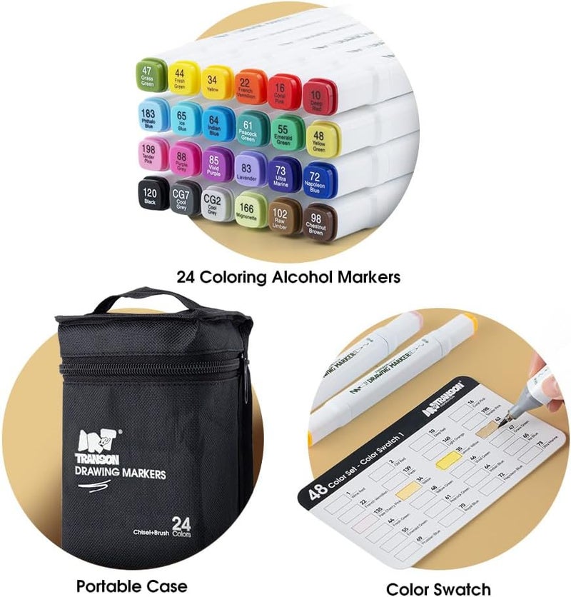 TRANSON Alcohol Markers for Drawing Coloring 24 Colors Dual-tip Brush and Chisel Tips - Image 5